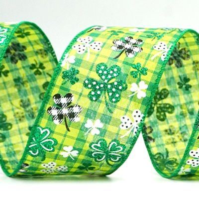 Plaid Glittered Clover Leaves Wired Ribbon_KF8468.KF8469.KF8470.KF8471.KF8472