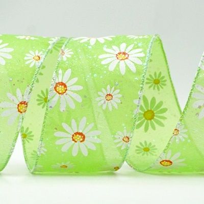 Sheer Glittery White Daisy Flower Wired Ribbon_KF8524