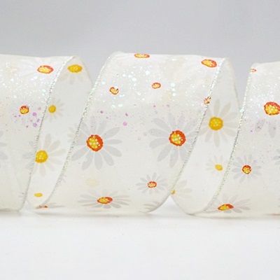 Sheer Glittery White Daisy Flower Wired Ribbon_KF8524