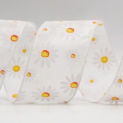 Sheer White Daisy Flower Wired Ribbon_KF8525