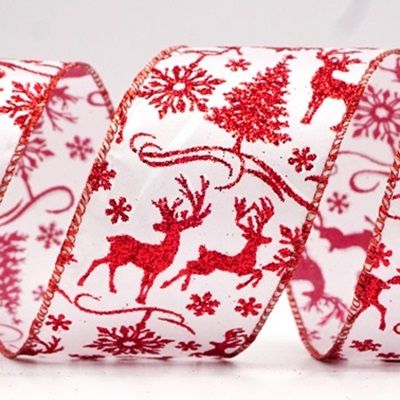 Glitter Reindeer, Snowflakes, Christmas tree design Wired Ribbon_KF8607.KF8608