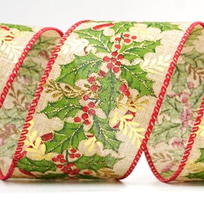 Christmas Holly Leaves & Berries Design Wired Ribbon_KF8619