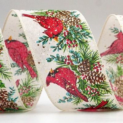 Christmas Cardinal & Sprig Wired Ribbon_KF8711